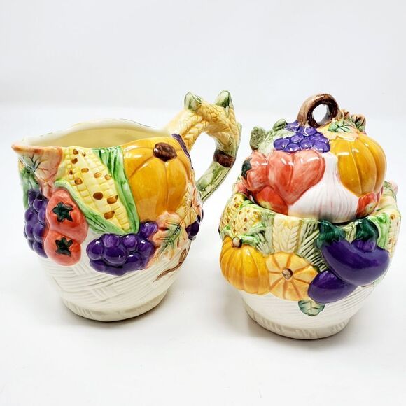 Vintage Long Rich Harvest Creamer & Sugar Bowl Set SALE - Picture 1 of 13